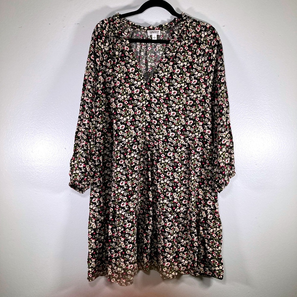 Caralyn Mirand x The Drop Floral V-Neck Tiered Mini Dress Black Multi Large